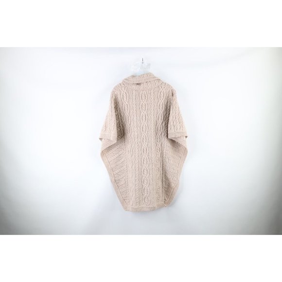 Vintage 90s Womens Small Chunky Donegal Wool Knit Fisherman Poncho Sweater Beige - Picture 7 of 9